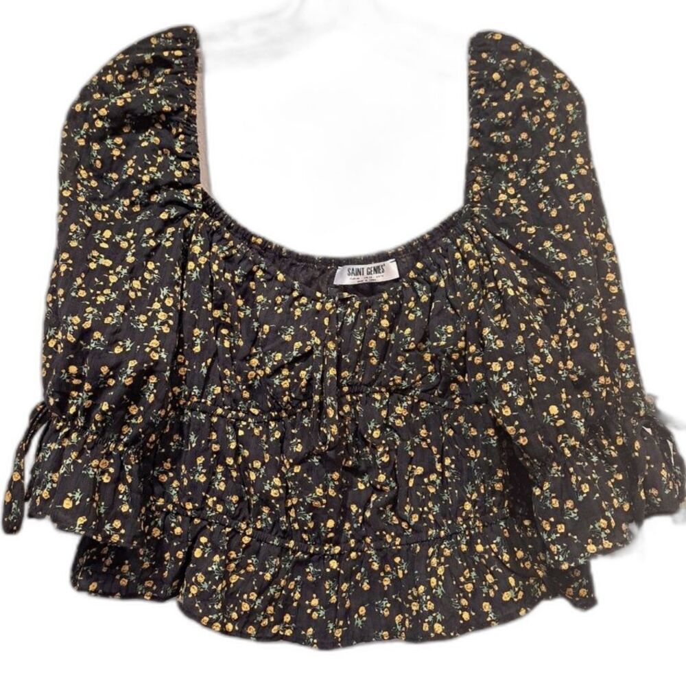 ASOS Saint Genies Plus puff sleeve ruched sweetheart neck top floral size 14